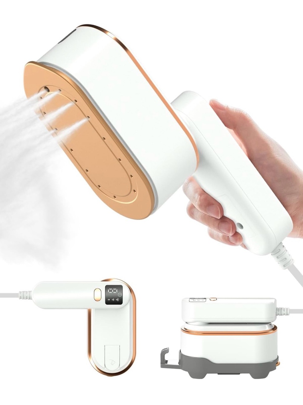 White and Gold Handheld Fabric Steamer - Compact Portable Garment Steamer